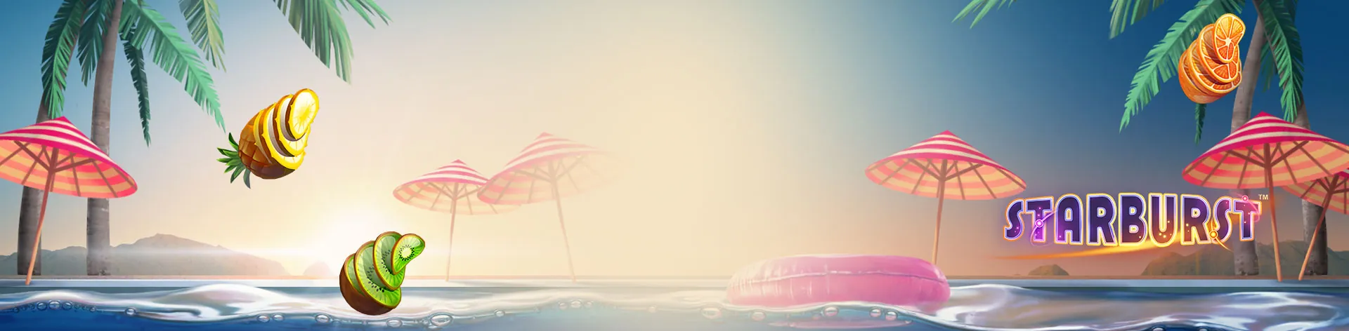 LuckyMe Slots beach with palms, umbrellas, fruit and Starburst